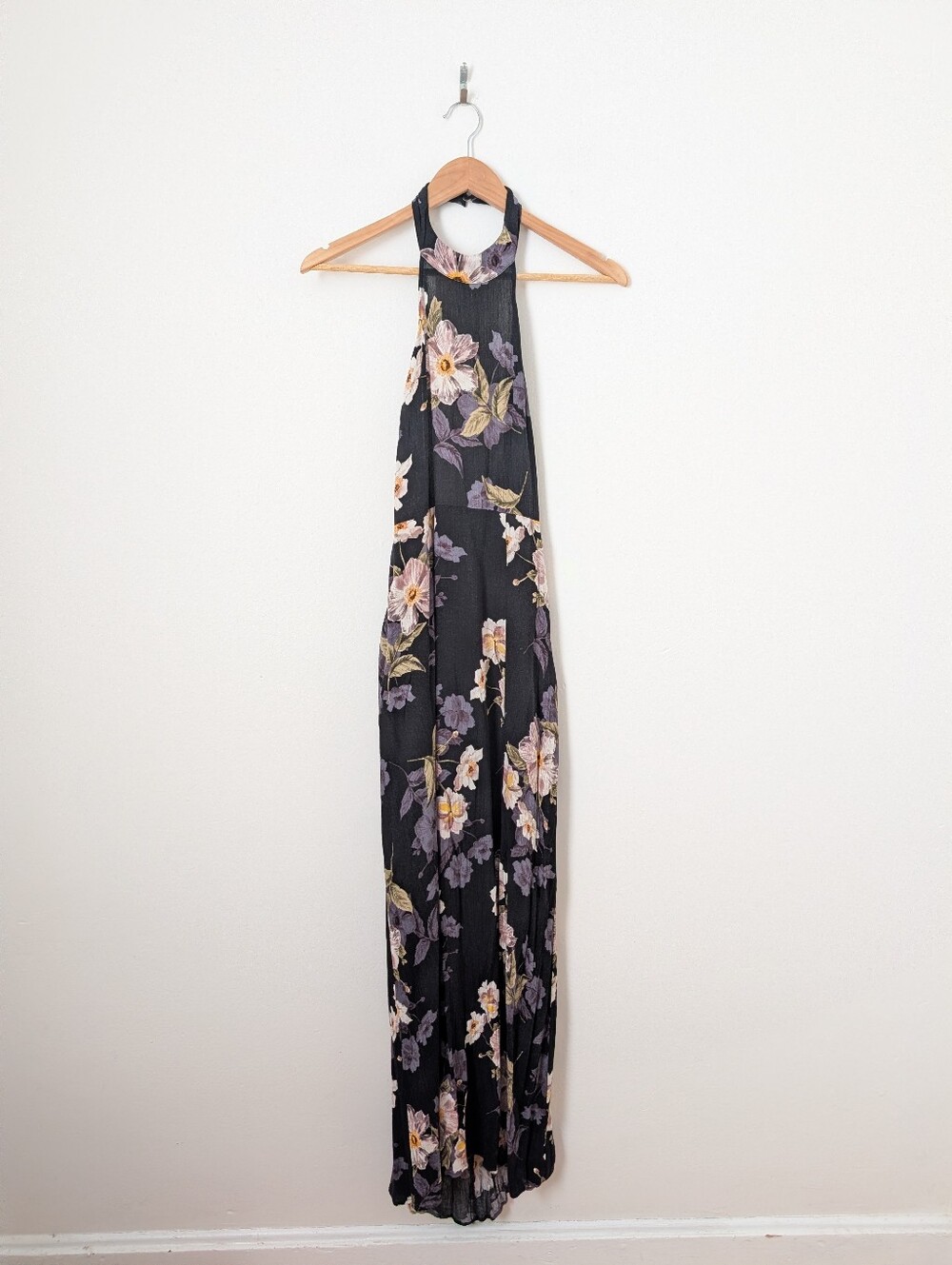 ASTR Black Ivory Purple Moody Floral Halter Slit Low Back Maxi Dress